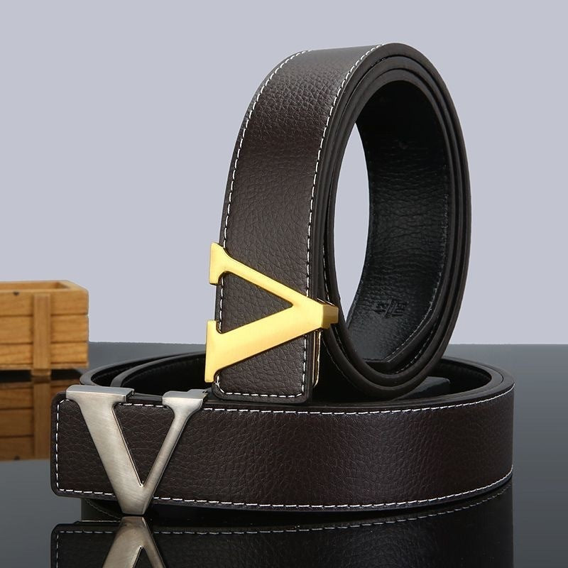 New V-Shape Genuine Cow Hide Leather Belt for Men and Young Men Casual with Trendy Jeans Alloy Buckle All-Match Fashion