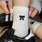 Autumn Winter Cozy Home Socks Retro Bow Women Fleece Cotton Mid Calf Socks Breathable Comfort Female Elastic Soft Thermal Socks