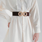 Wide Elastic Dress Waistband Multicolor Gold Metal Alloy Double Circle Hook Fashionable Woman's Belt，Corset Belt