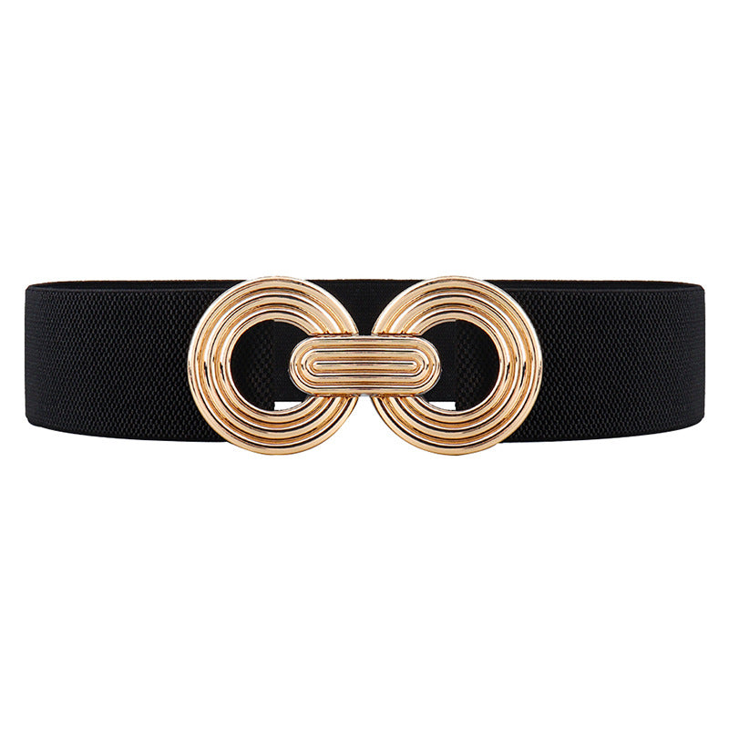 Wide Elastic Dress Waistband Multicolor Gold Metal Alloy Double Circle Hook Fashionable Woman's Belt，Corset Belt