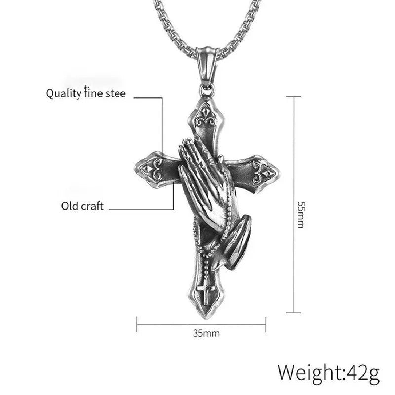 $10 christmas gifts Praying Hands Necklace Black Stainless Steel Cross Box Chain - For Teens - Gift Accessories $10 gift ideas