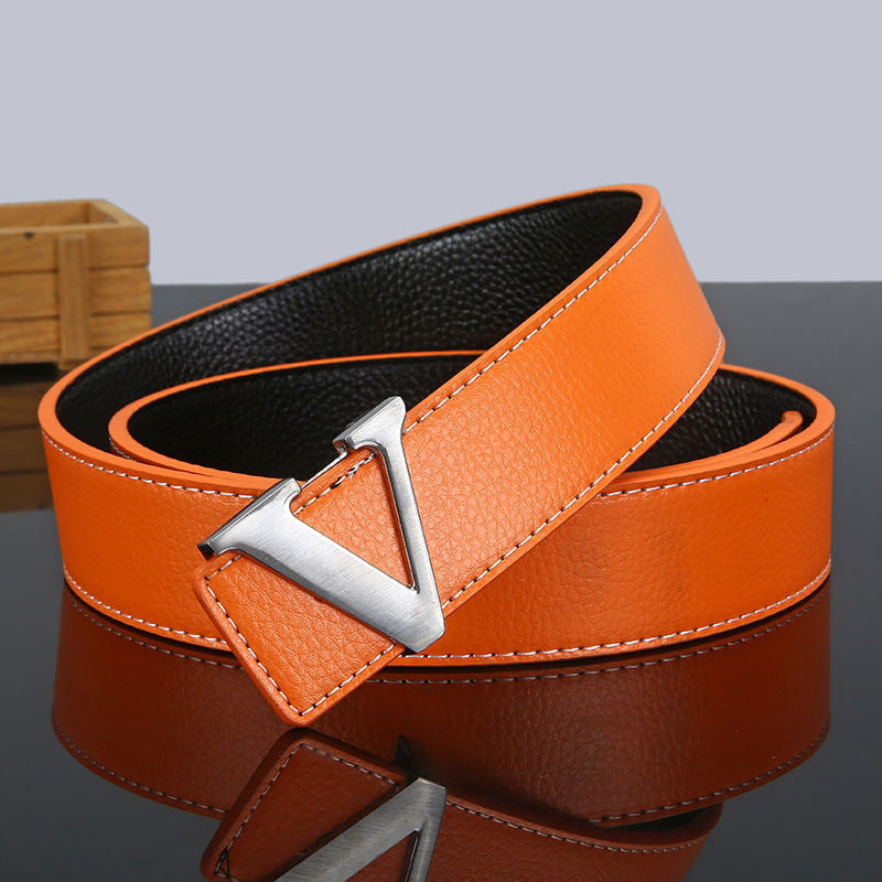 New V-Shape Genuine Cow Hide Leather Belt for Men and Young Men Casual with Trendy Jeans Alloy Buckle All-Match Fashion