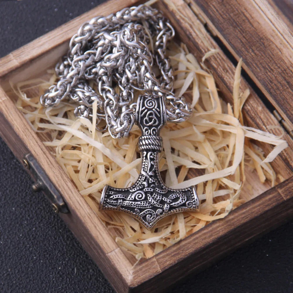 $20 christmas gifts Fashion Valknut Viking Thor's Hammer Pendant Necklace With keel Chain As Men Gift with wooden box $20 gift ideas