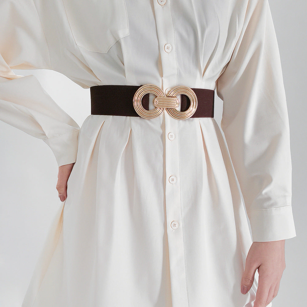 Wide Elastic Dress Waistband Multicolor Gold Metal Alloy Double Circle Hook Fashionable Woman's Belt，Corset Belt