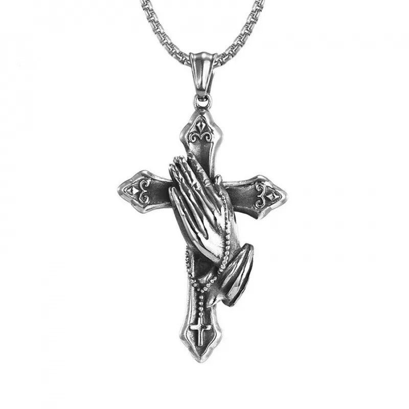 $10 christmas gifts Praying Hands Necklace Black Stainless Steel Cross Box Chain - For Teens - Gift Accessories $10 gift ideas