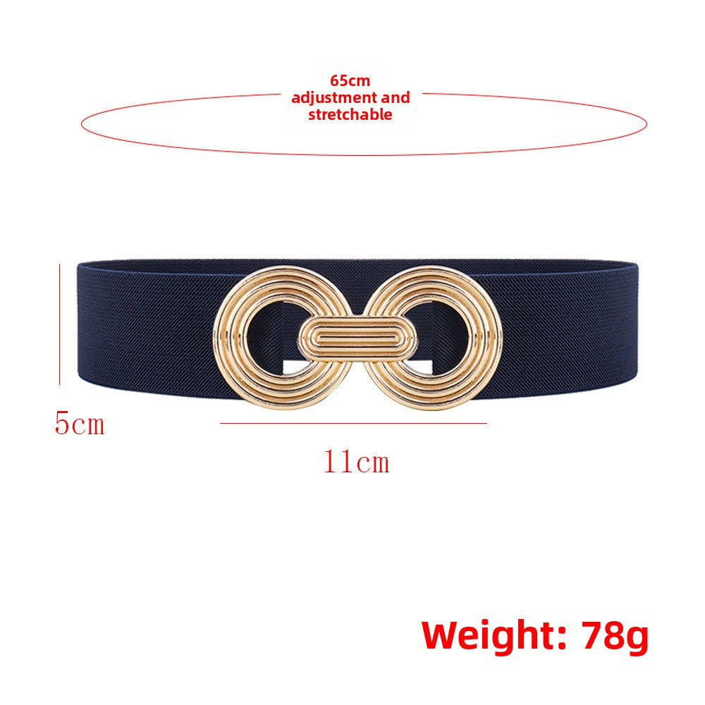 Wide Elastic Dress Waistband Multicolor Gold Metal Alloy Double Circle Hook Fashionable Woman's Belt，Corset Belt