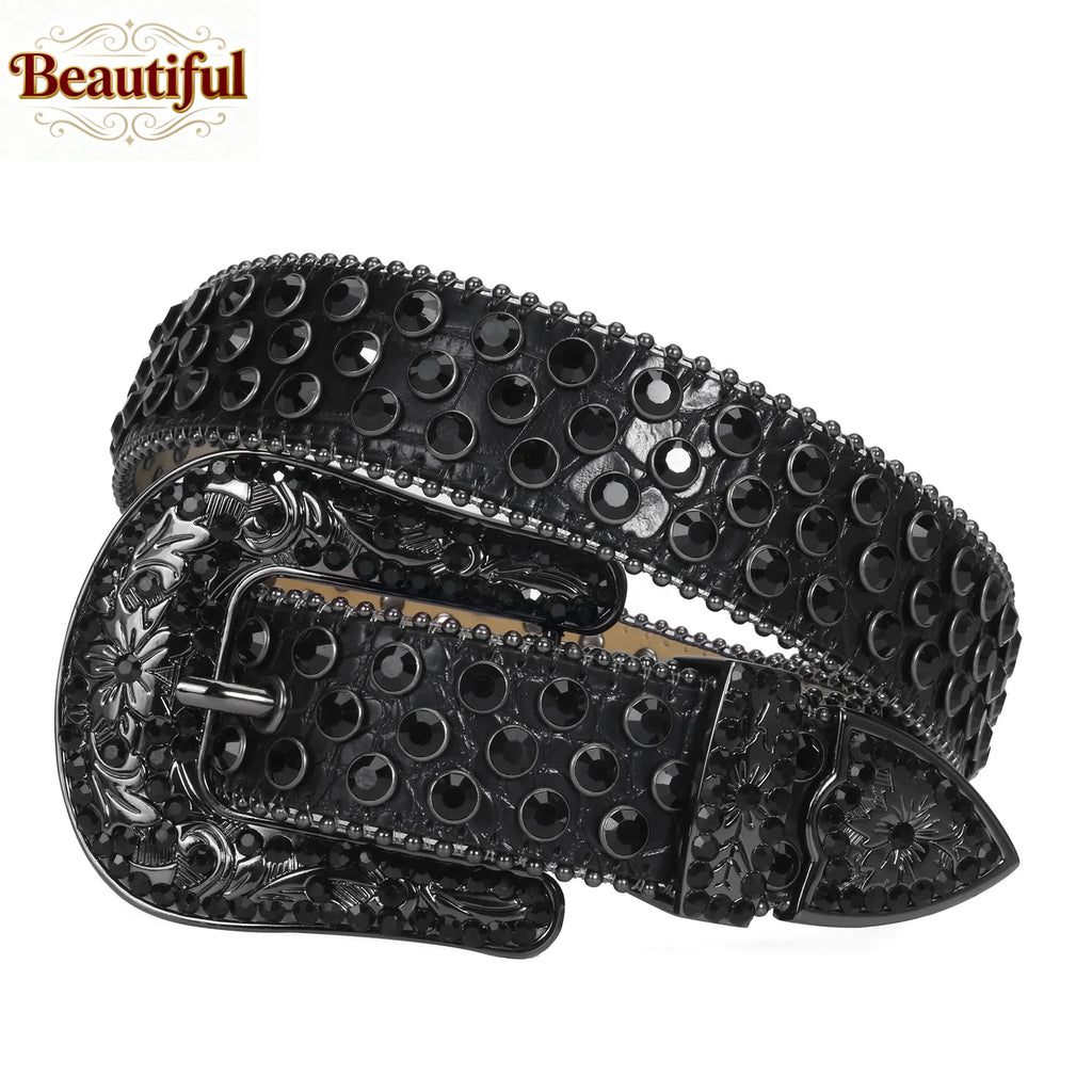 Floral Buckle Western Rhinestone Belt Man Designer BB Diamond Studded Leather Waist Belt Strap Cinturon De Diamantes