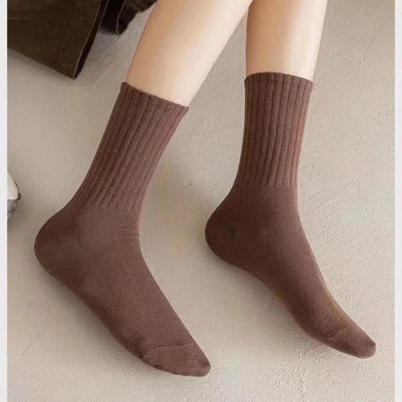 Women Elastic Socks Solid Color Fashion Classic Striped JK Socks Coffee Beige White Black Cotton Middle Tube Long Casual Socks