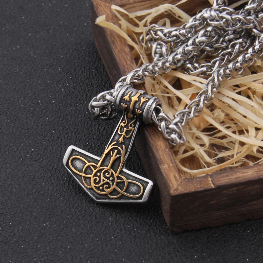 $20 christmas gifts Fashion Valknut Viking Thor's Hammer Pendant Necklace With keel Chain As Men Gift with wooden box $20 gift ideas
