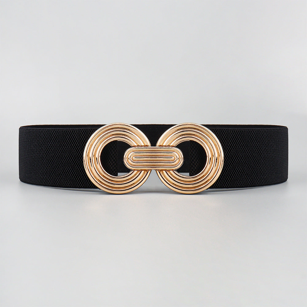 Wide Elastic Dress Waistband Multicolor Gold Metal Alloy Double Circle Hook Fashionable Woman's Belt，Corset Belt