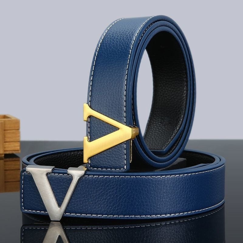 New V-Shape Genuine Cow Hide Leather Belt for Men and Young Men Casual with Trendy Jeans Alloy Buckle All-Match Fashion