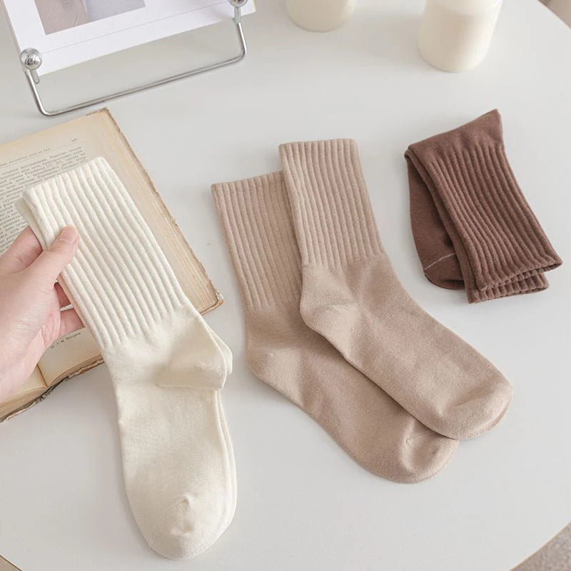 Women Elastic Socks Solid Color Fashion Classic Striped JK Socks Coffee Beige White Black Cotton Middle Tube Long Casual Socks