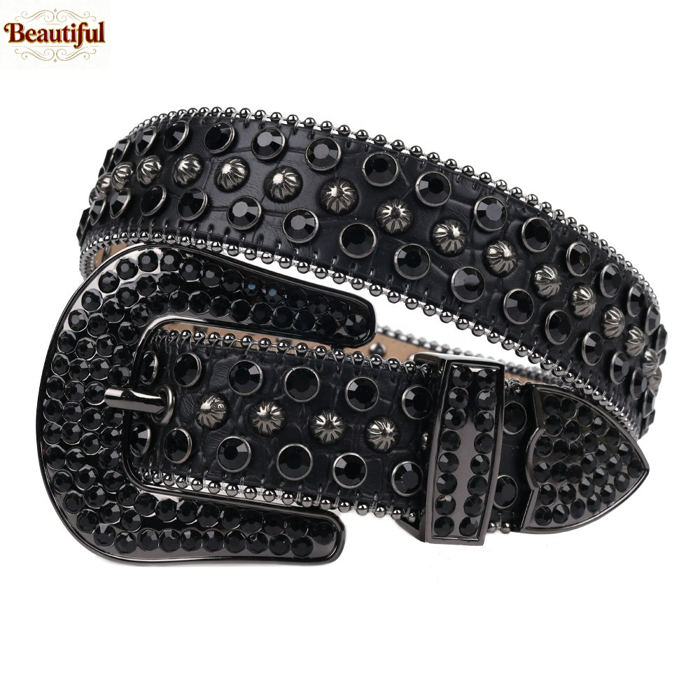 BB Belt Bling Bling Punk Rhinestone Studded Diamond Crystal Leather Belt