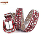Bold&Eye-Catching Red Bling Bling Diamond Belt Rhinestone&Spike Studded Leather Belt