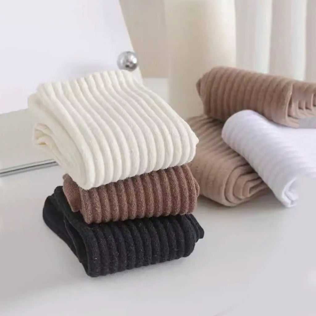 Women Elastic Socks Solid Color Fashion Classic Striped JK Socks Coffee Beige White Black Cotton Middle Tube Long Casual Socks