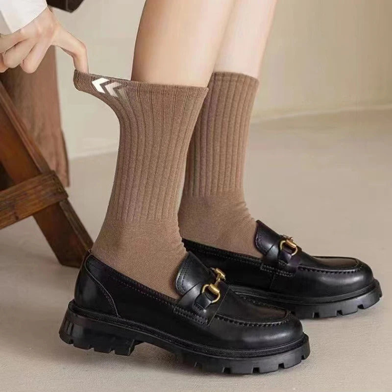 Women Elastic Socks Solid Color Fashion Classic Striped JK Socks Coffee Beige White Black Cotton Middle Tube Long Casual Socks