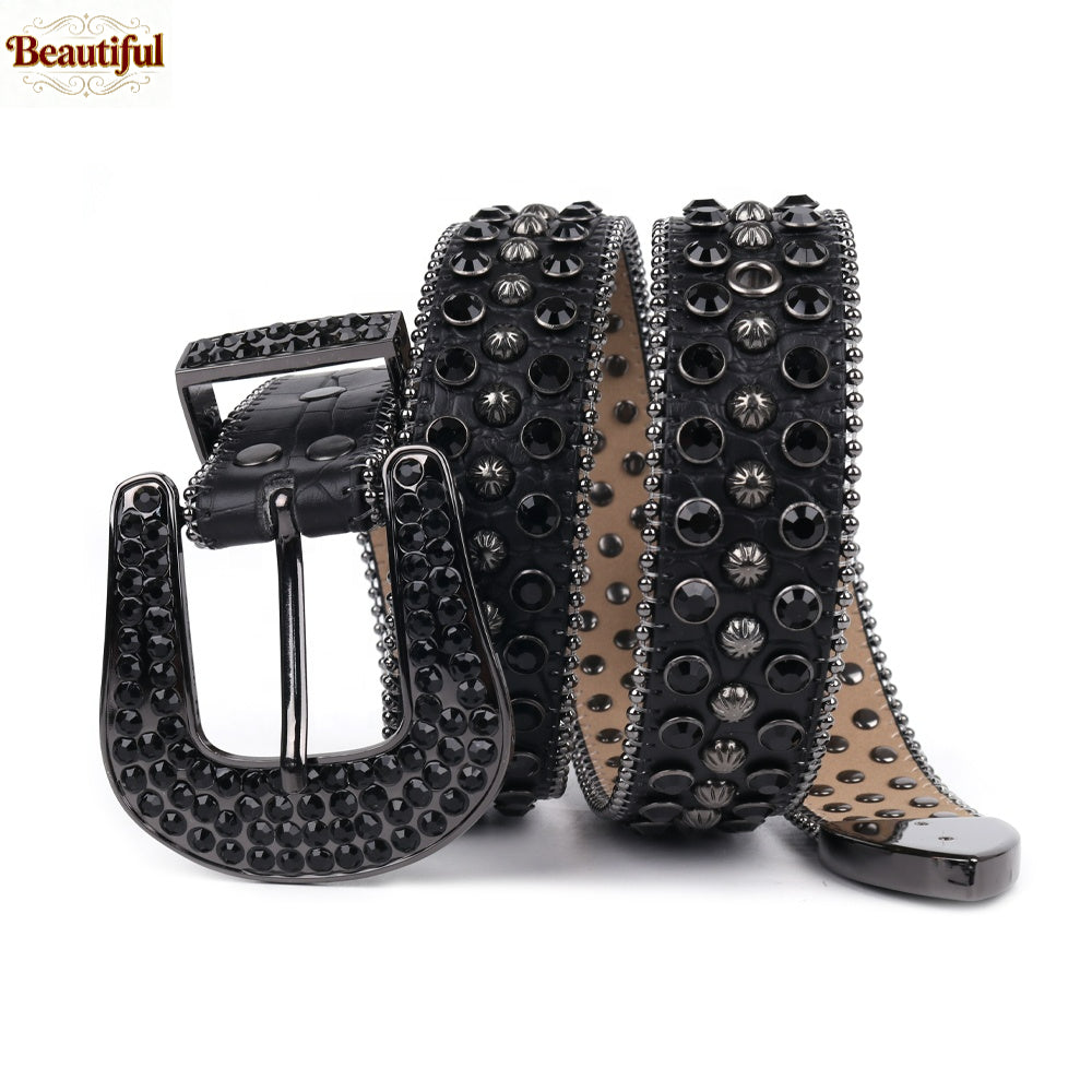 BB Belt Bling Bling Punk Rhinestone Studded Diamond Crystal Leather Belt