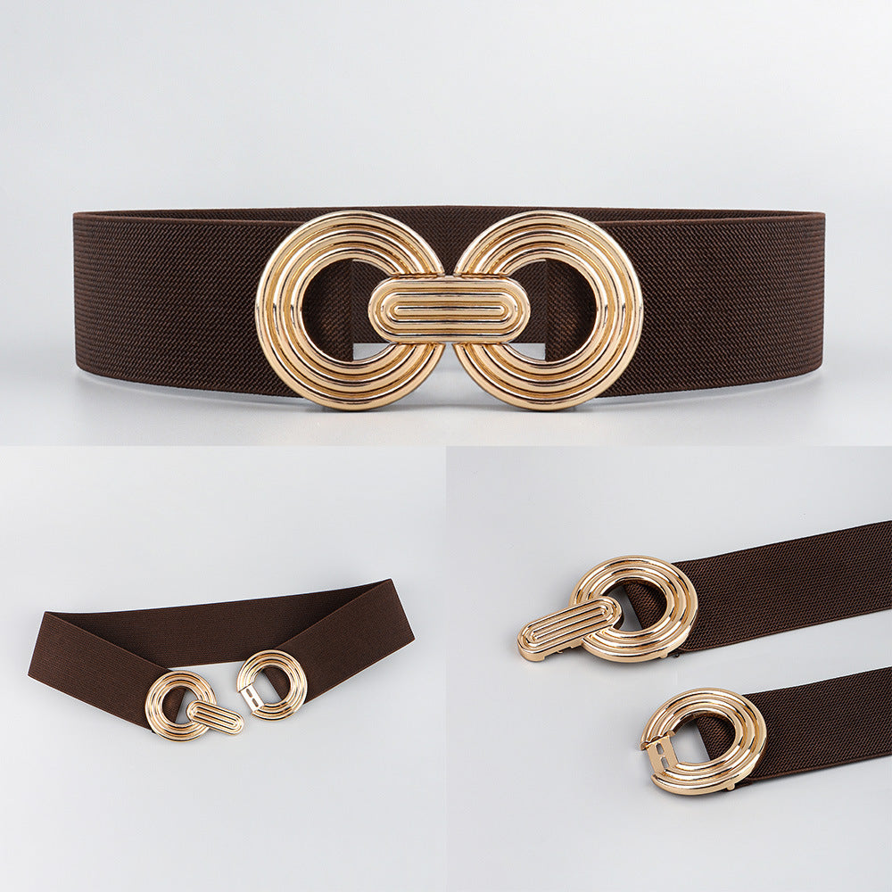 Wide Elastic Dress Waistband Multicolor Gold Metal Alloy Double Circle Hook Fashionable Woman's Belt，Corset Belt
