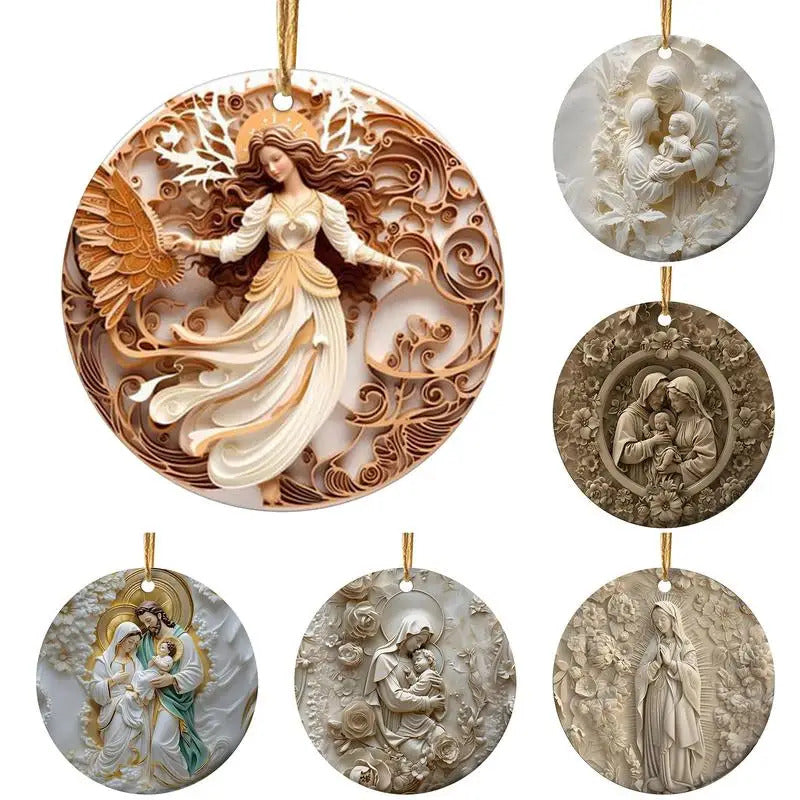 Round 3D Printed Acrylic Nativity Scene pendant Decorations Catholic Christmas Decorations 4in Christmas Nativity Ornaments