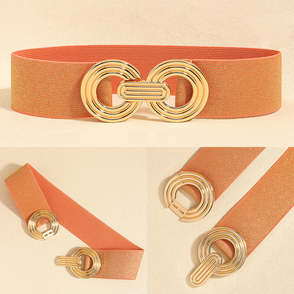 Wide Elastic Dress Waistband Multicolor Gold Metal Alloy Double Circle Hook Fashionable Woman's Belt，Corset Belt