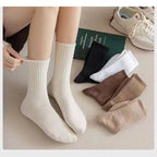 Women Elastic Socks Solid Color Fashion Classic Striped JK Socks Coffee Beige White Black Cotton Middle Tube Long Casual Socks