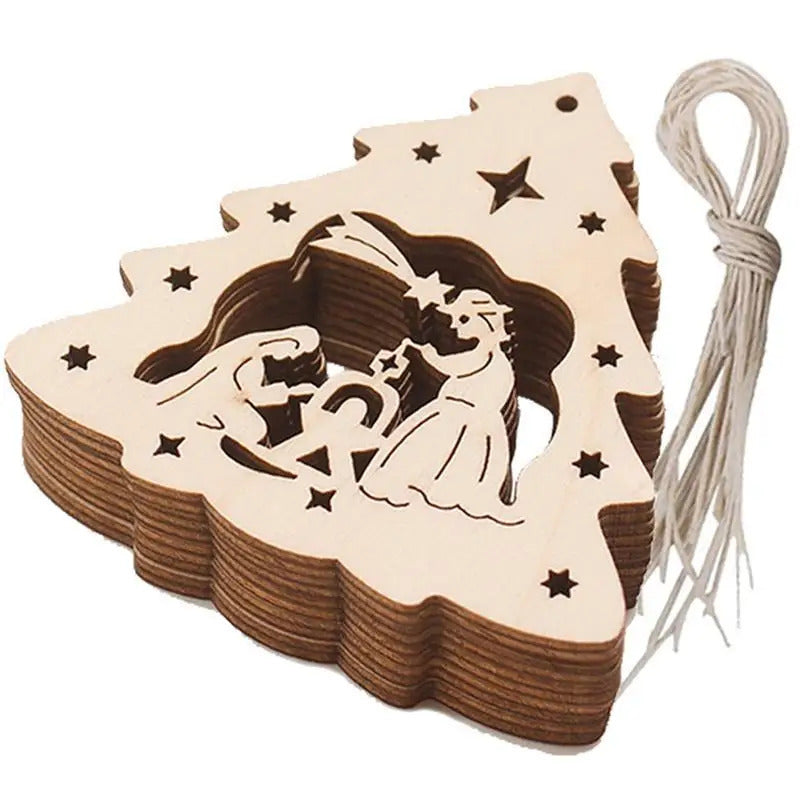 $10 christmas gifts 10 PCS Wooden Christmas Decorations Nativity Ornament Set With Ropes Christmas Wooden DIY Tree Shaped Baubles