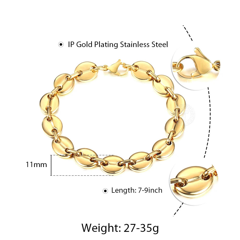 $30 christmas gifts Coffee Beans Link Chain Bracelet Stainless Steel Gold Silver Color for Men Women Simple Bracelet Jewelry Gift 7/9/11mm KBM169A