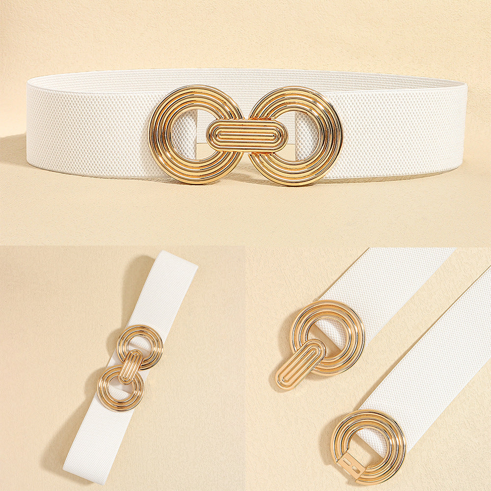 Wide Elastic Dress Waistband Multicolor Gold Metal Alloy Double Circle Hook Fashionable Woman's Belt，Corset Belt