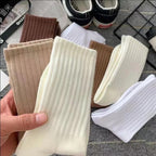 Women Elastic Socks Solid Color Fashion Classic Striped JK Socks Coffee Beige White Black Cotton Middle Tube Long Casual Socks