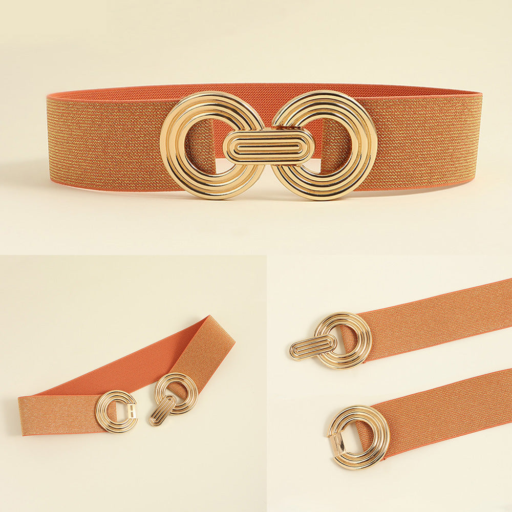 Wide Elastic Dress Waistband Multicolor Gold Metal Alloy Double Circle Hook Fashionable Woman's Belt，Corset Belt