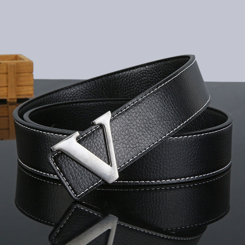 New V-Shape Genuine Cow Hide Leather Belt for Men and Young Men Casual with Trendy Jeans Alloy Buckle All-Match Fashion