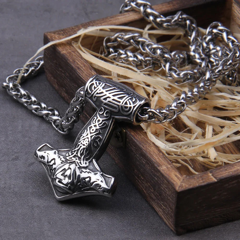 $20 christmas gifts Fashion Valknut Viking Thor's Hammer Pendant Necklace With keel Chain As Men Gift with wooden box $20 gift ideas