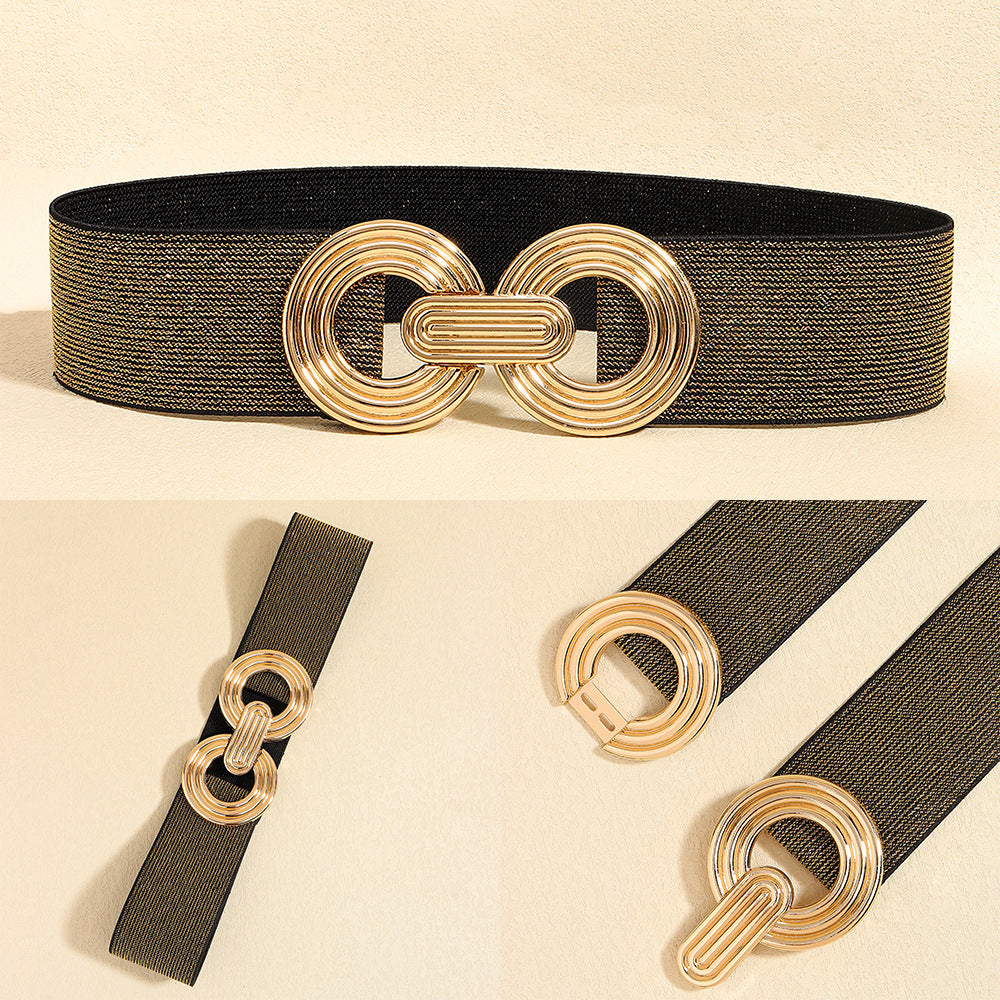 Wide Elastic Dress Waistband Multicolor Gold Metal Alloy Double Circle Hook Fashionable Woman's Belt，Corset Belt