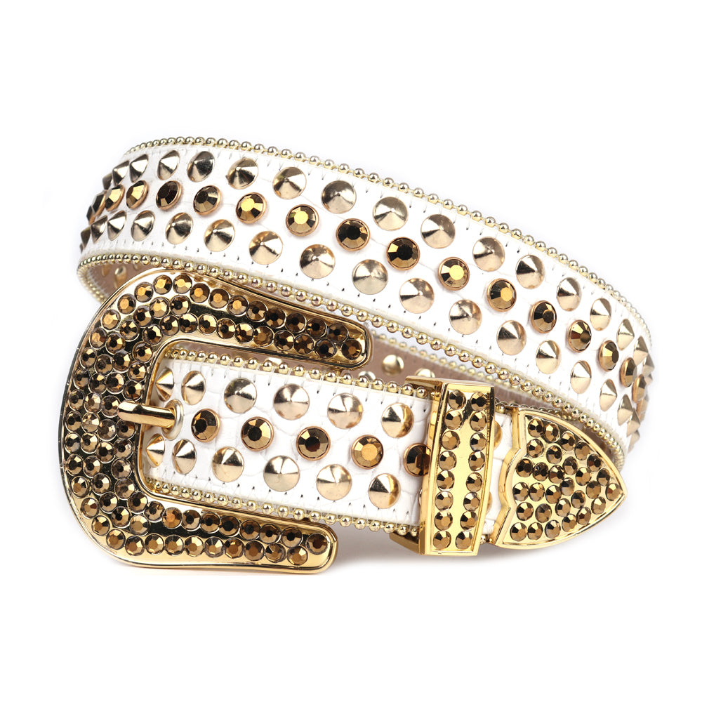 Bold&Eye-Catching Red Bling Bling Diamond Belt Rhinestone&Spike Studded Leather Belt