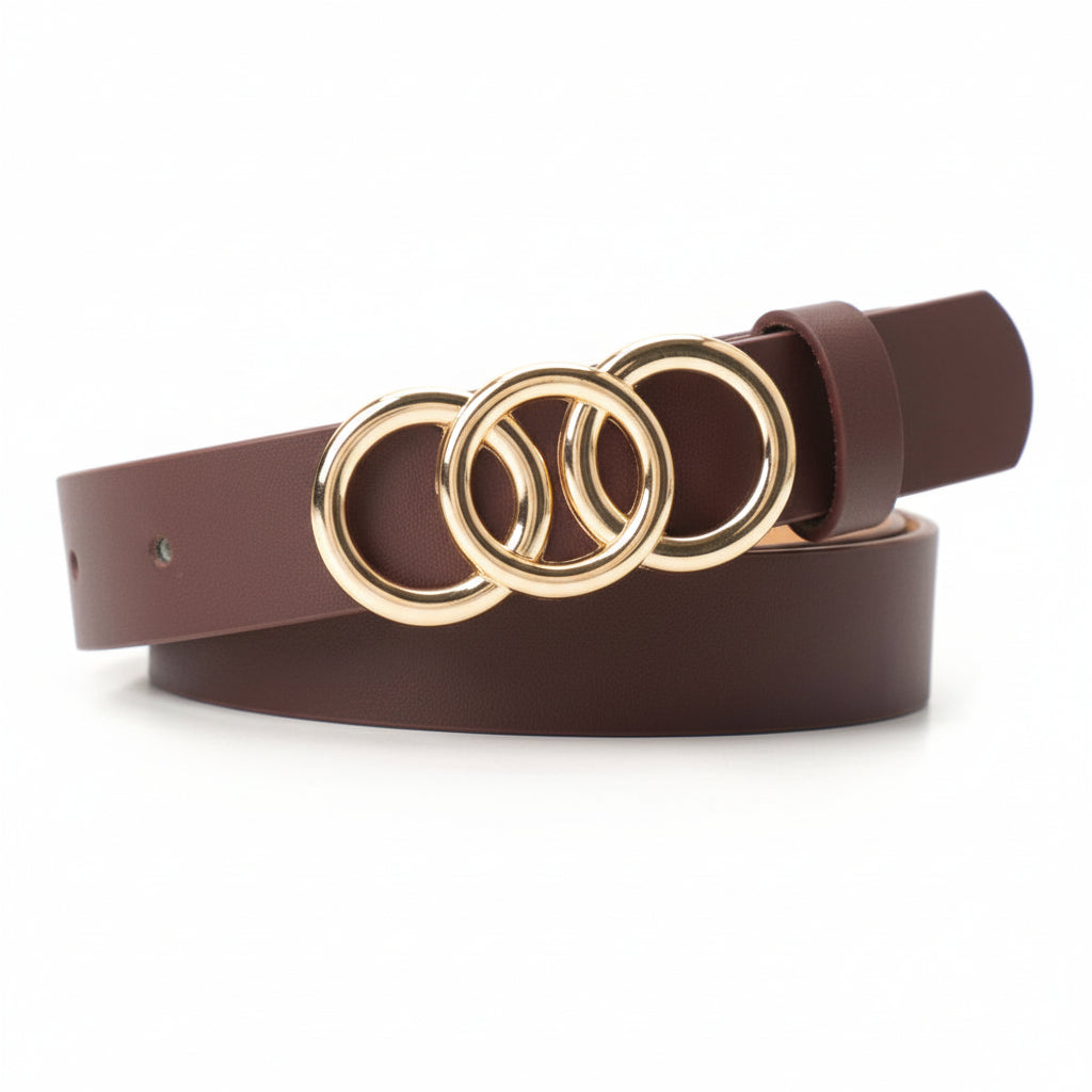 Women's Korean-Style PU Belt with Three Circle Plate Buckle Fashionable Ins Senior Sense for All Coat Denim the Belt for Women