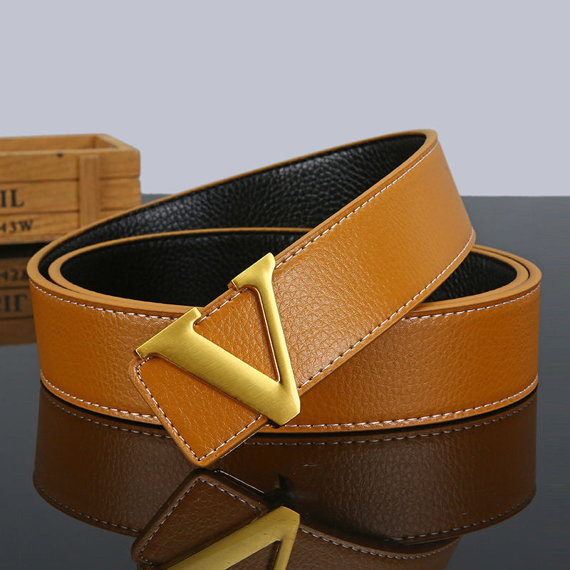New V-Shape Genuine Cow Hide Leather Belt for Men and Young Men Casual with Trendy Jeans Alloy Buckle All-Match Fashion