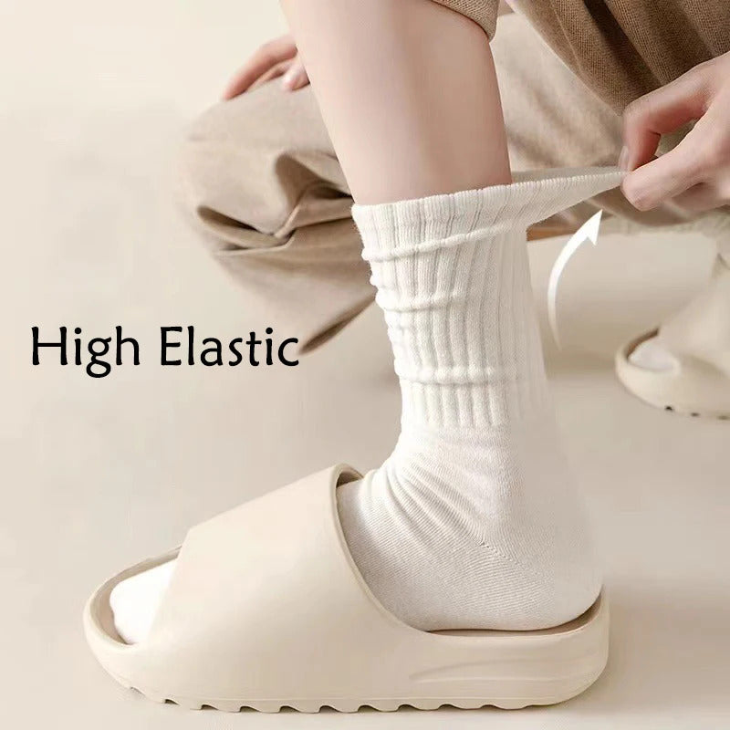 Women Elastic Socks Solid Color Fashion Classic Striped JK Socks Coffee Beige White Black Cotton Middle Tube Long Casual Socks