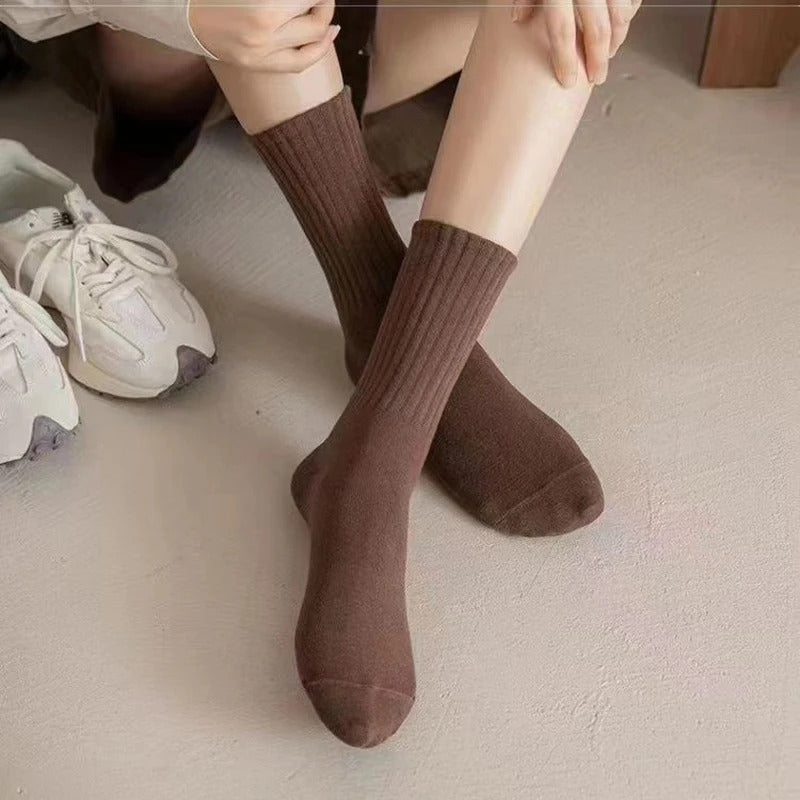 Women Elastic Socks Solid Color Fashion Classic Striped JK Socks Coffee Beige White Black Cotton Middle Tube Long Casual Socks