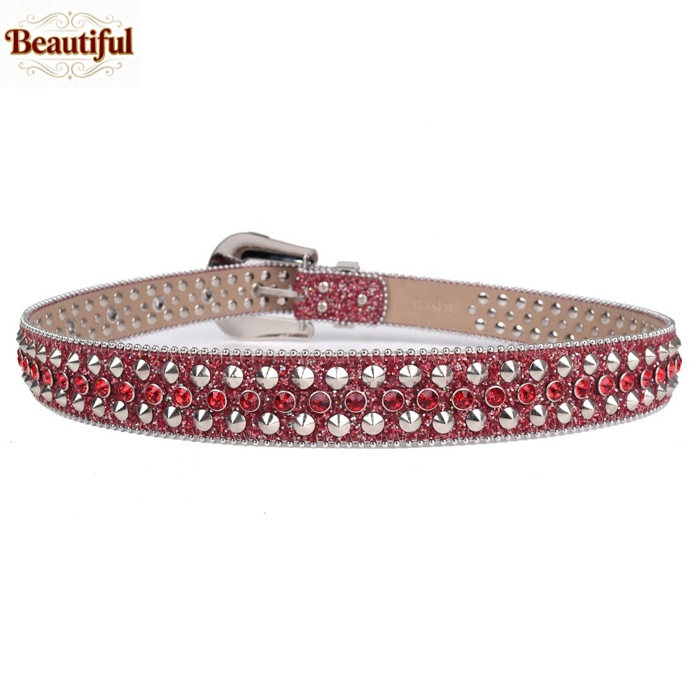 Bold&Eye-Catching Red Bling Bling Diamond Belt Rhinestone&Spike Studded Leather Belt