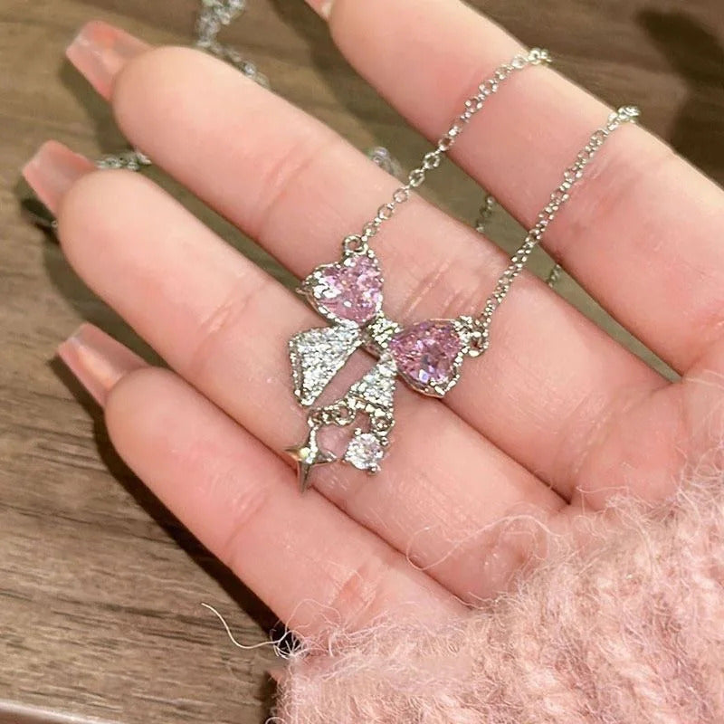 $10 christmas gifts Pink bow necklace sweet cool girl clavicle chain all-match light luxury high-end simple cool accessories $10 gift ideas