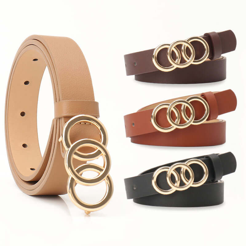 Women's Korean-Style PU Belt with Three Circle Plate Buckle Fashionable Ins Senior Sense for All Coat Denim the Belt for Women