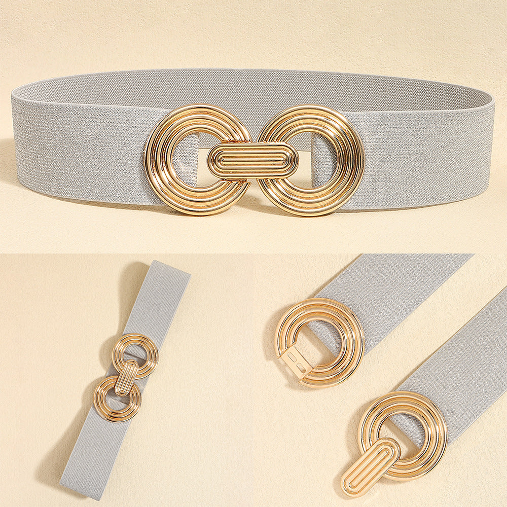 Wide Elastic Dress Waistband Multicolor Gold Metal Alloy Double Circle Hook Fashionable Woman's Belt，Corset Belt