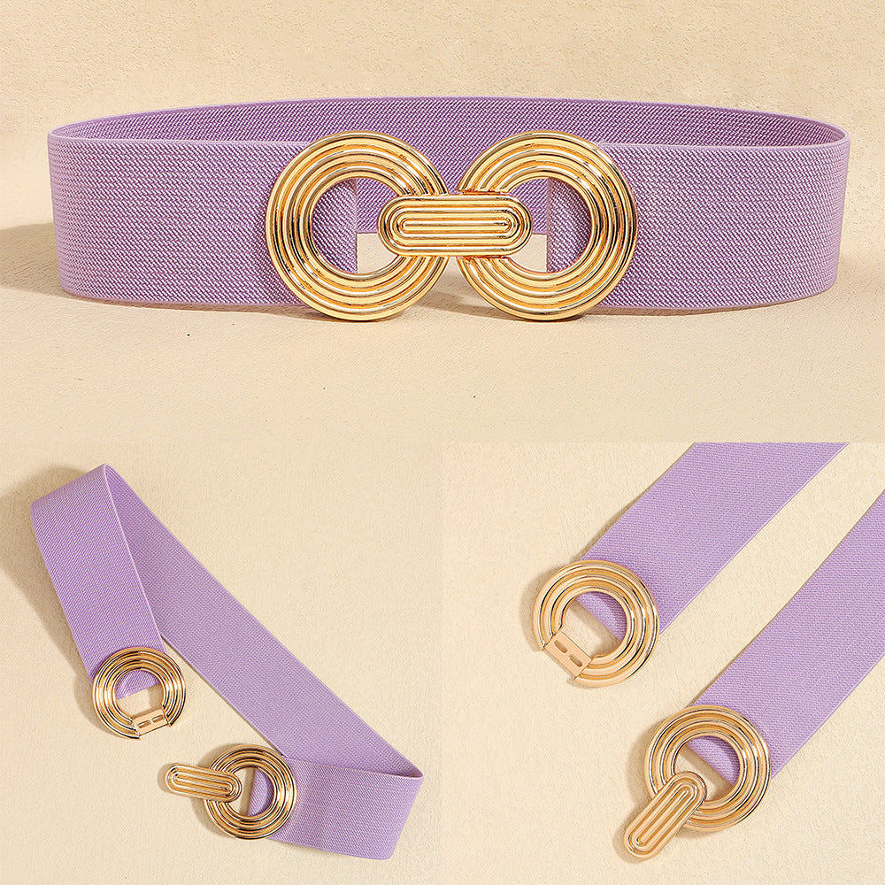 Wide Elastic Dress Waistband Multicolor Gold Metal Alloy Double Circle Hook Fashionable Woman's Belt，Corset Belt