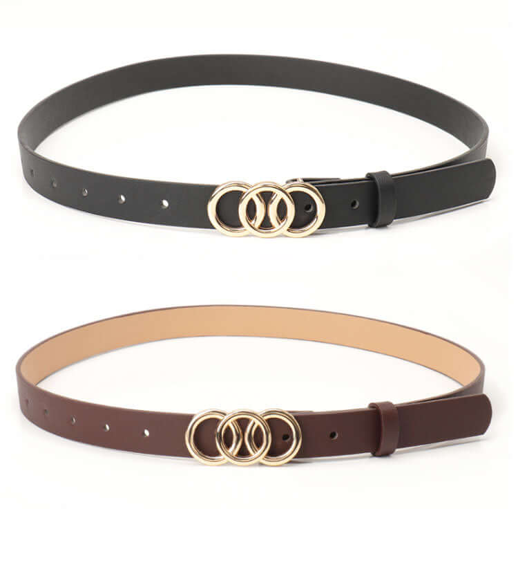 Women's Korean-Style PU Belt with Three Circle Plate Buckle Fashionable Ins Senior Sense for All Coat Denim the Belt for Women