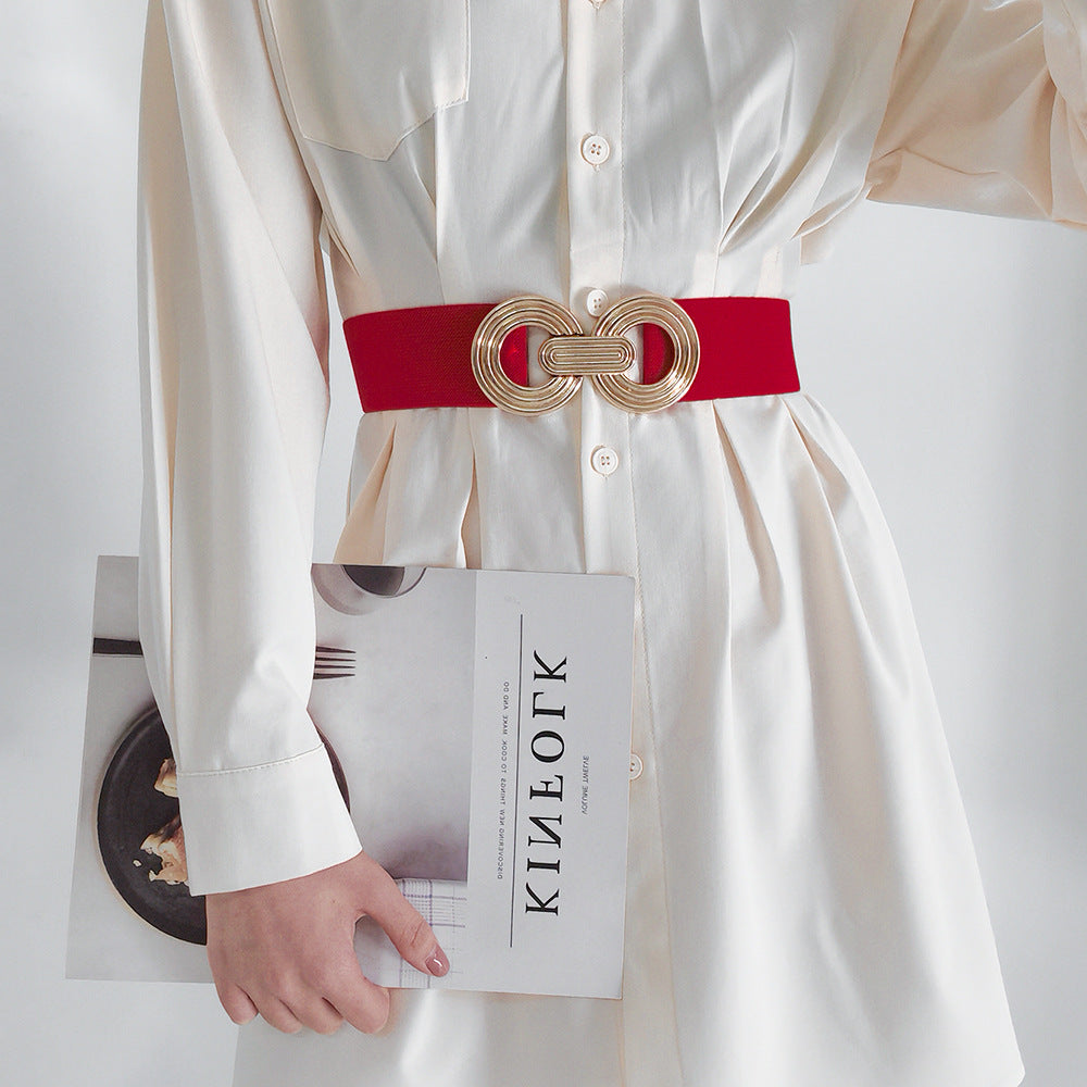 Wide Elastic Dress Waistband Multicolor Gold Metal Alloy Double Circle Hook Fashionable Woman's Belt，Corset Belt