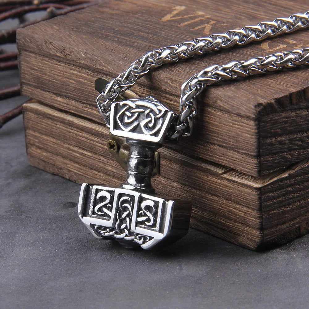 $20 christmas gifts Fashion Valknut Viking Thor's Hammer Pendant Necklace With keel Chain As Men Gift with wooden box $20 gift ideas