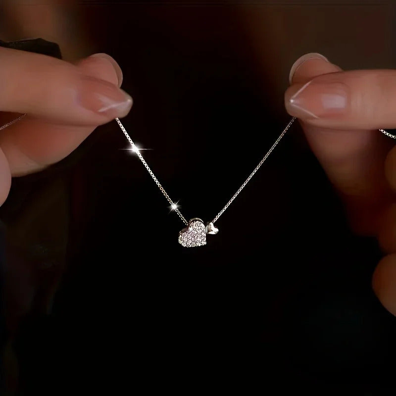 best gifts for $50 Korea Ins Fashion Shiny Inlaid Zirconia Double Love Pendant Necklace Women Simple Design Wedding Banquet Jewelry Accessories