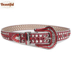 Bold&Eye-Catching Red Bling Bling Diamond Belt Rhinestone&Spike Studded Leather Belt