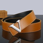 New V-Shape Genuine Cow Hide Leather Belt for Men and Young Men Casual with Trendy Jeans Alloy Buckle All-Match Fashion