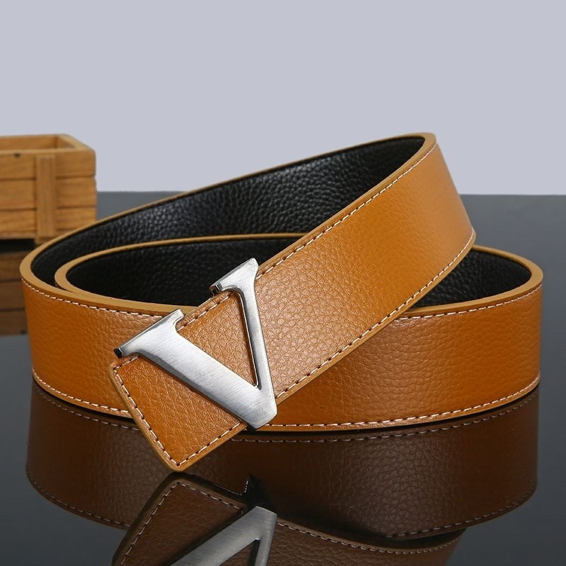 New V-Shape Genuine Cow Hide Leather Belt for Men and Young Men Casual with Trendy Jeans Alloy Buckle All-Match Fashion